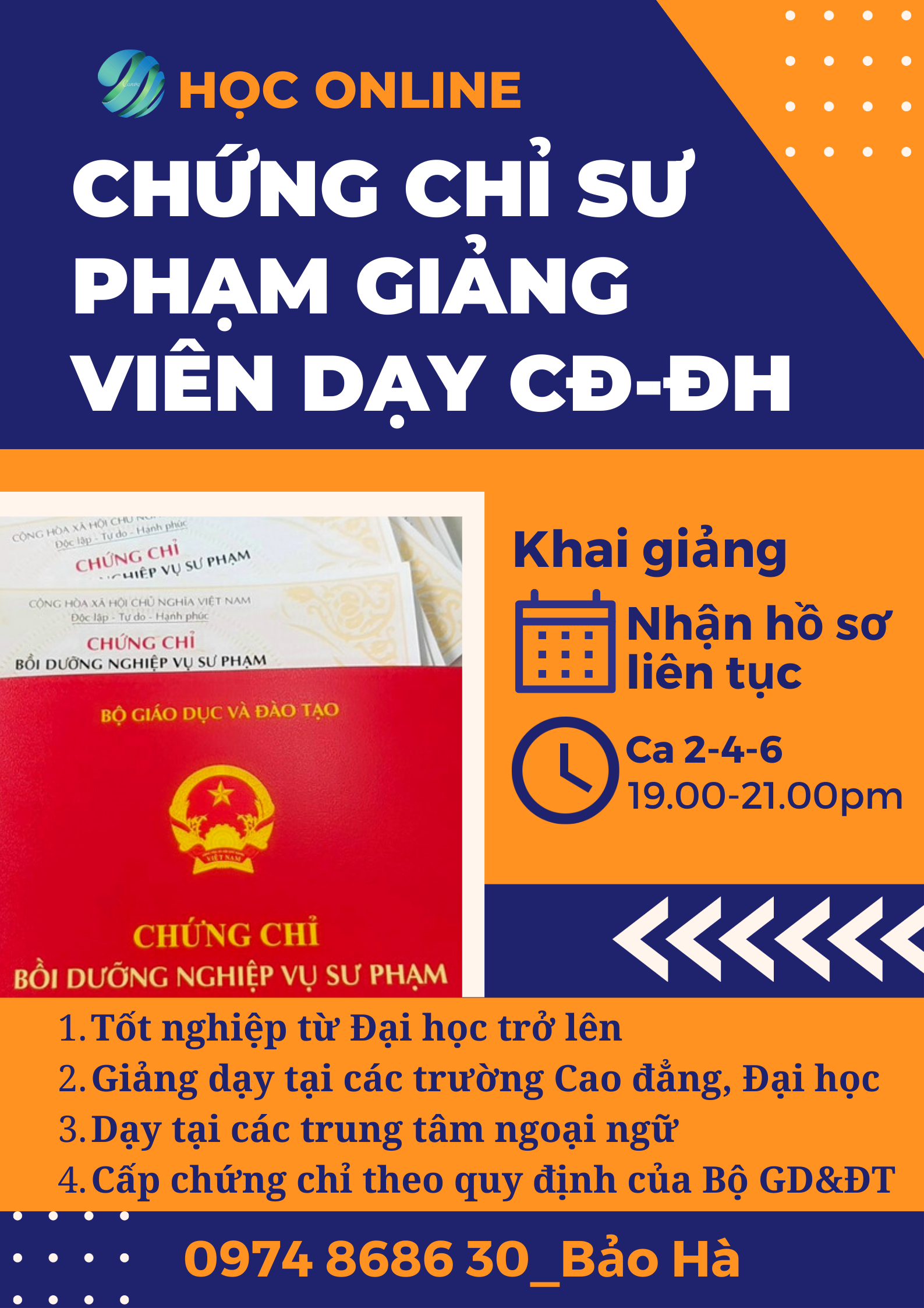 nhận hồ sơ liên tục lớp sư phạm giảng viên dạy cao đẳng, đại học